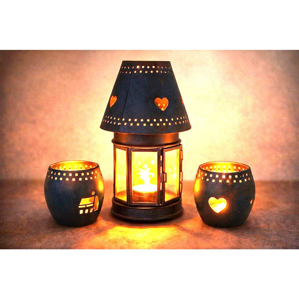 Rustic Farmhouse Primitive Metal Lantern w Glass + 2 Votive Holders Barn Heart